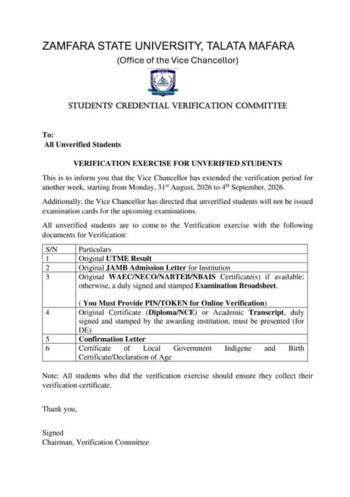 Zamfara State University notice to unverified students