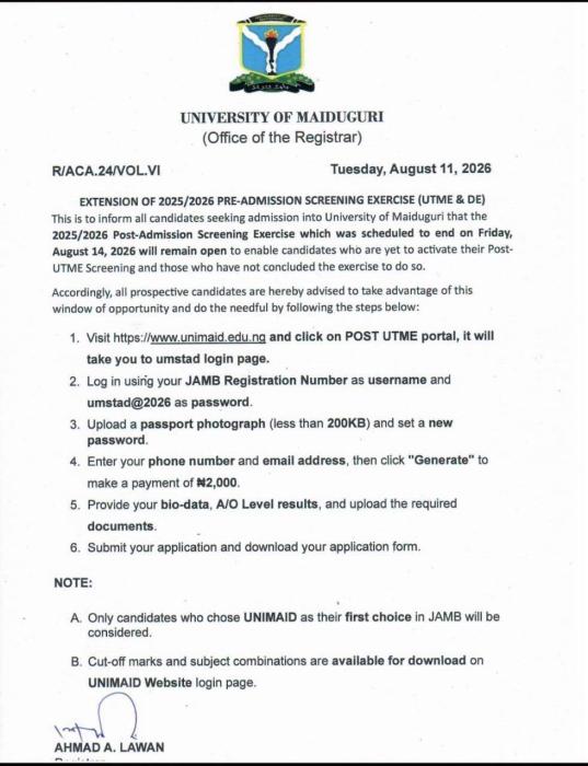 UNIMAID Extends Pre-Admission Screening Exercise for 2026/2027 Session