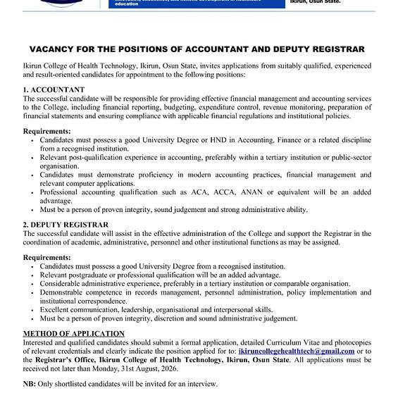 Ikirun College of Health Technology Job vacancies for the position of Deputy Registrar, Accountant
