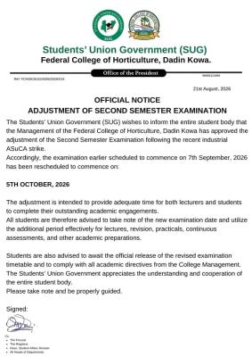 Federal College of Horticulture Dadin Kowa SUG info on adjustment of second semester exam