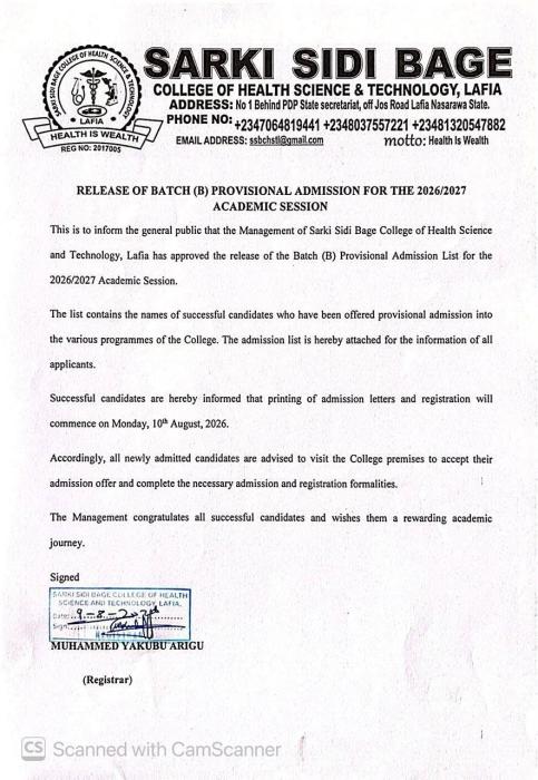 Sarki Sidi College Releases Batch B Admission List 2026/2027