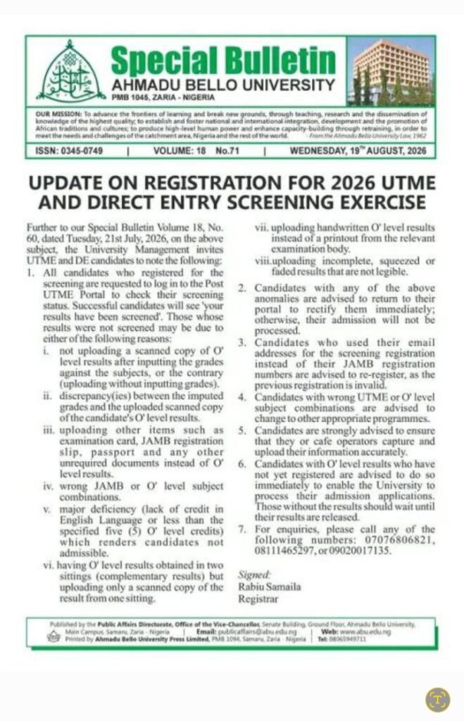 ABU Releases 2026 Post-UTME Results & Instructions to Candidates