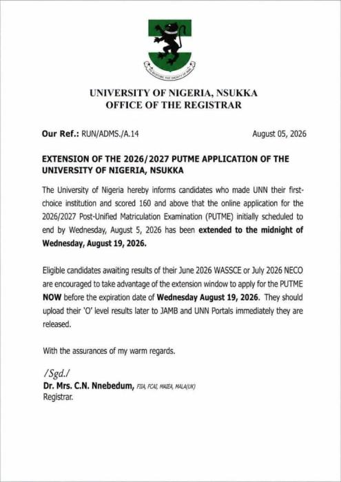 UNN extends Post UTME 2026/2027 application deadline