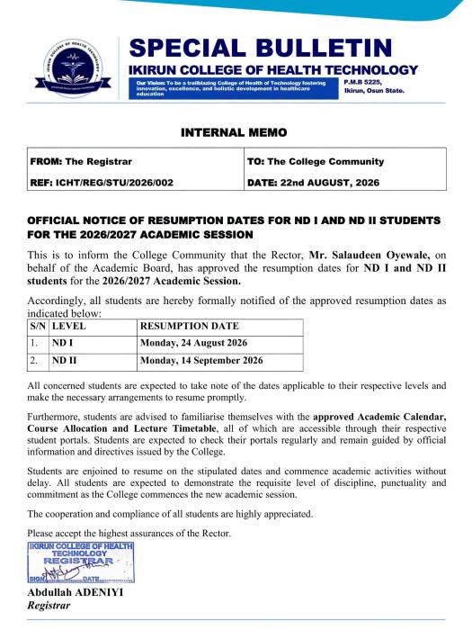 Ikirun College of Health Tech. Announces 2026/2027 Resumption