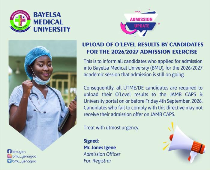 Bayelsa Medical University notice on upload of O'level results 2026-2027