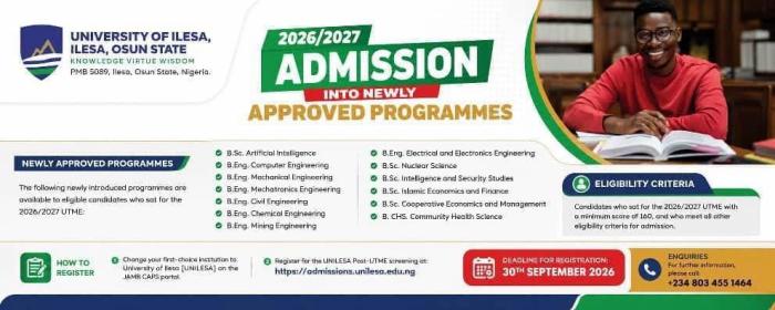 University of Ilesa opens admission for new programmes, 2026/2027