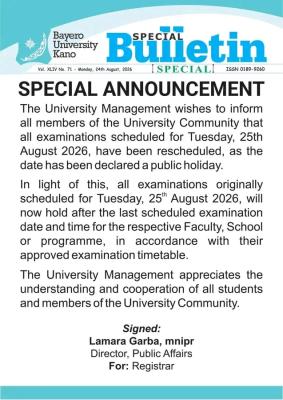 BUK Reschedules Examinations Due to Public Holiday
