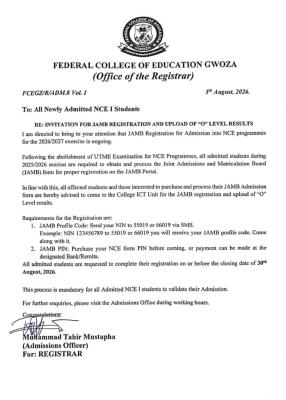 FCE Gwoza Issues Important Notice on Admission Registration and O'Level Result Upload