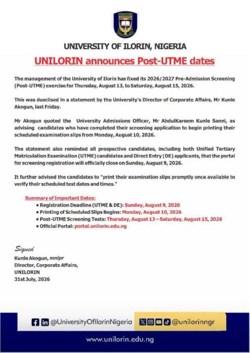 UNILORIN Releases 2026/2027 Post-UTME Screening Dates