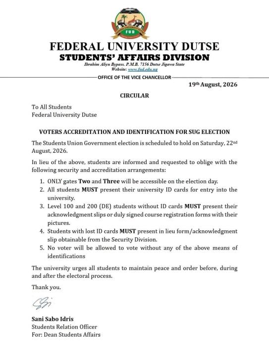 FUDUTSE notice on voter accreditation and ID for SUG elections FUDUTSE notice on voter accreditation and ID for SUG elections