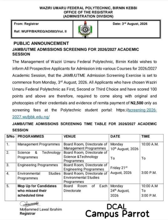 Waziri Umaru Polytechnic Opens 2026/2027 Post-UTME Registration Portal