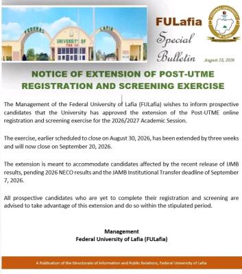 FULAFIA Announces Extension of 2026/2027 Post-UTME Registration Deadline