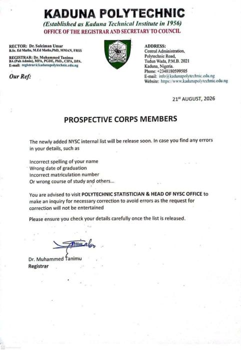 Kaduna Polytechnic Update for Prospective Corps Members
