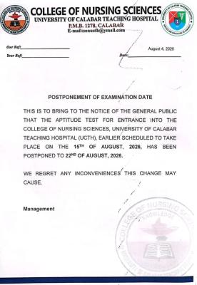 University of Calabar Teaching Hospital Postpones 2026/27 Aptitude Test