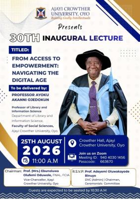 Ajayi Crowther University to Hold 30th Inaugural Lecture