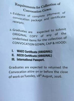 LASU Update on requirements for collection of 29th & 30th convocation gowns