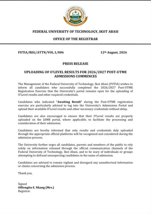 FUTIA Notice to Post-UTME Candidates on O’Level Results Upload, 2026/2027