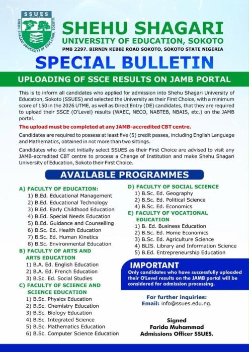 Shehu Shagari University of Education Announces O’Level Upload and 2026/2027 Admission