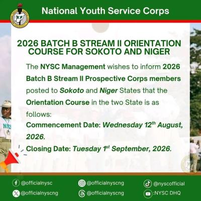 NYSC 2026 Batch B Stream II Notice for Sokoto & Niger