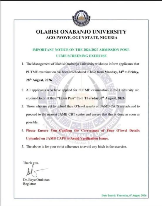 OOU Reschedules 2026/2027 Post-UTME Screening Exercise