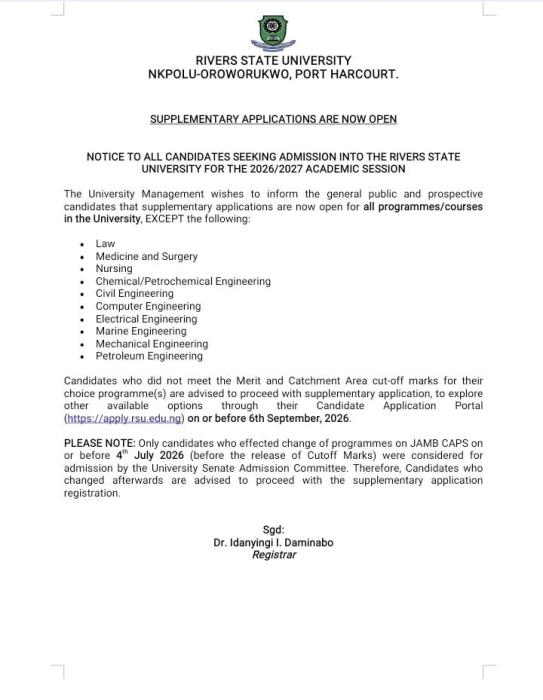 RSUST Announces 2026/2027 Supplementary Admission