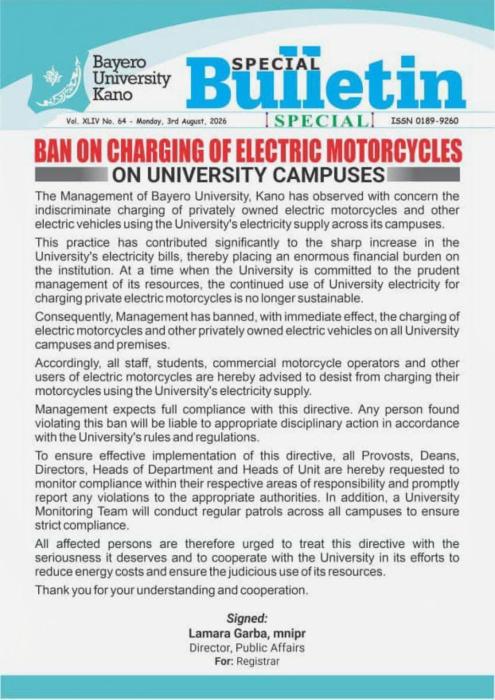 BUK bans charging of Electric Motorcycles on Campus