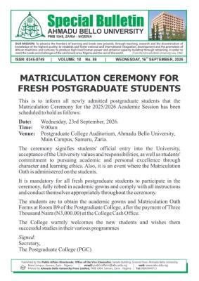 ABU Sets Date for Matriculation Ceremony of New Postgraduate Students