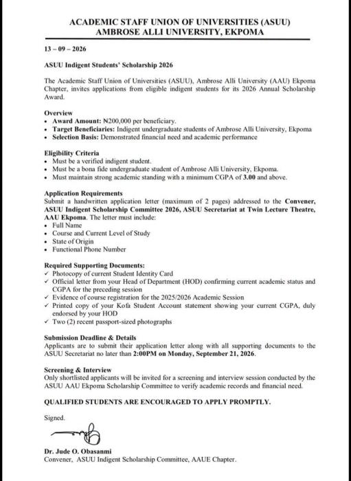 AAU ASUU announces scholarship for indigent students, 2026