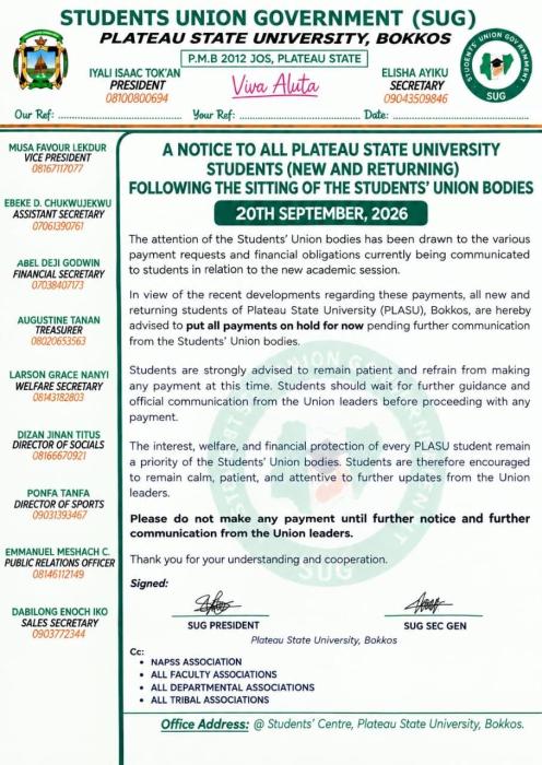 PLASU SUG Alerts Students on Payments for the New Academic Session