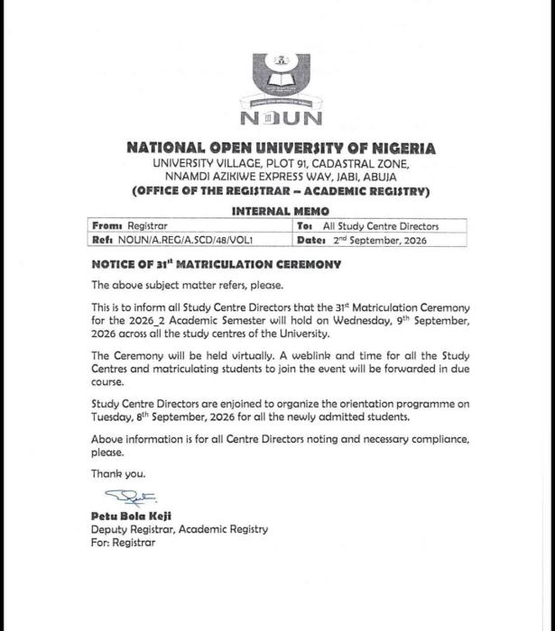 NOUN announces 31st Matriculation Ceremony
