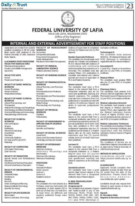 Federal University of Lafia Announces Vacancies for Academic and Non-Teaching Staff