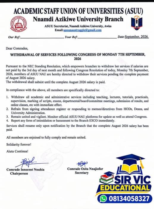 UNIZIK ASUU Branch Suspends Academic and Administrative Activities Over Unpaid Salaries