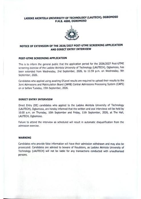 LAUTECH Extends 2026/2027 Post-UTME Registration and Direct Entry Interview