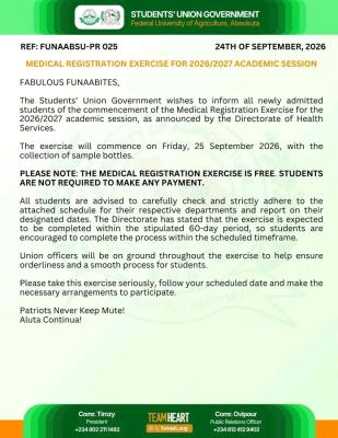 FUNAAB SUG Issues Notice to Fresh Students on 2026/2027 Medical Registration Exercise