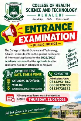 College of Health Sciences and Technology, Alkaleri Announces 2026/2027 Aptitude Test Date