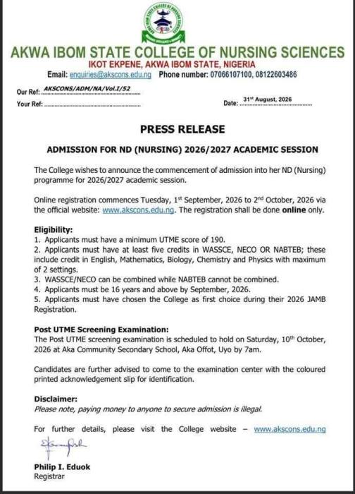 Akwa Ibom College of Nursing Sciences Opens ND Nursing Admission for 2026/2027