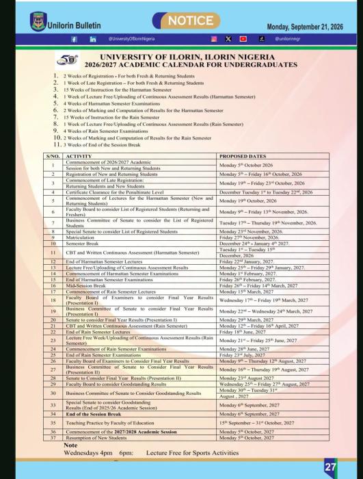 University of Ilorin (UNILORIN) Academic Calendar for Undergraduate Students — 2026/2027 Academic Session