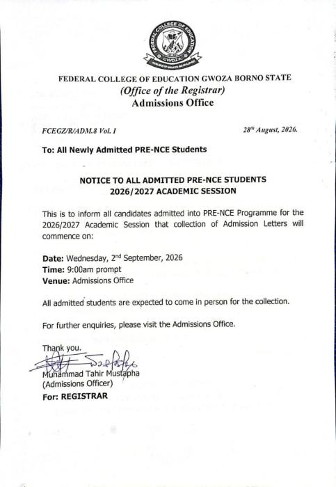 FCE Gwoza Issues Notice to Admitted Pre-NCE Students for 2026/2027