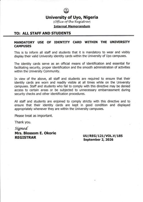 UNIUYO Makes ID Cards Mandatory on Campus