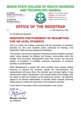 Benue State College of Health Sciences & Technology Announces Indefinite Postponement of 100-Level Resumption
