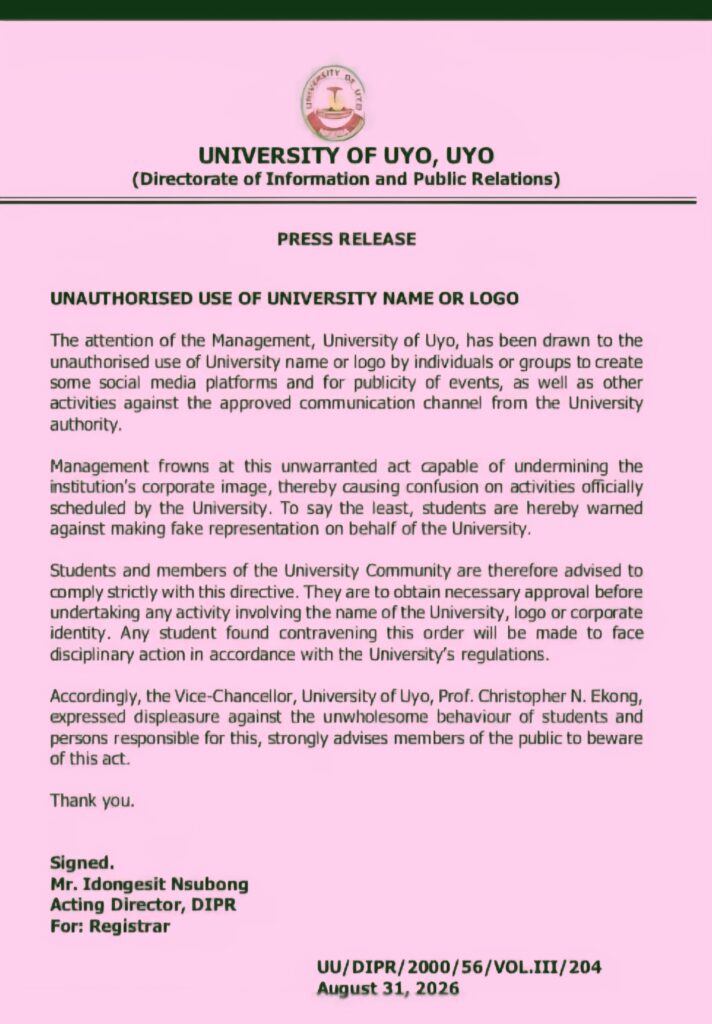 University of Uyo Warns Against Unauthorized Use of Its Name and Logo