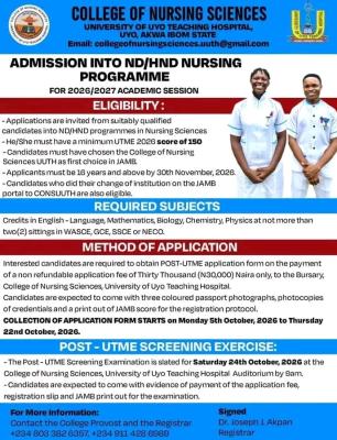 UNIUYO Teaching Hospital ND/HND Nursing Admission Form for 2026/2027 Now Available