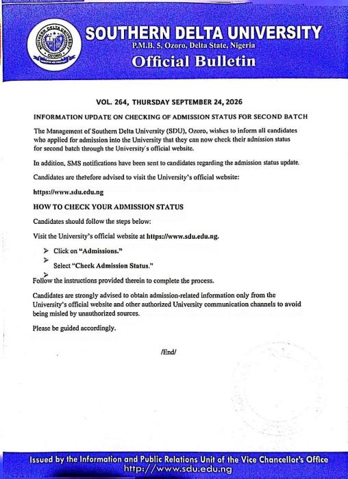 Southern Delta University Releases 2nd Undergraduate Admission List for 2026/2027 Session