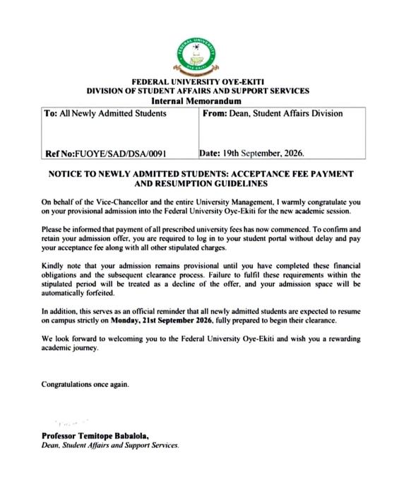 FUOYE Announces Acceptance Fee Payment, Resumption Guidelines for Fresh Students