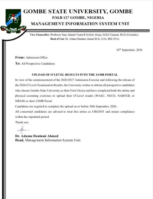 GSU Issues Notice on Upload of O’Level Results to JAMB Portal
