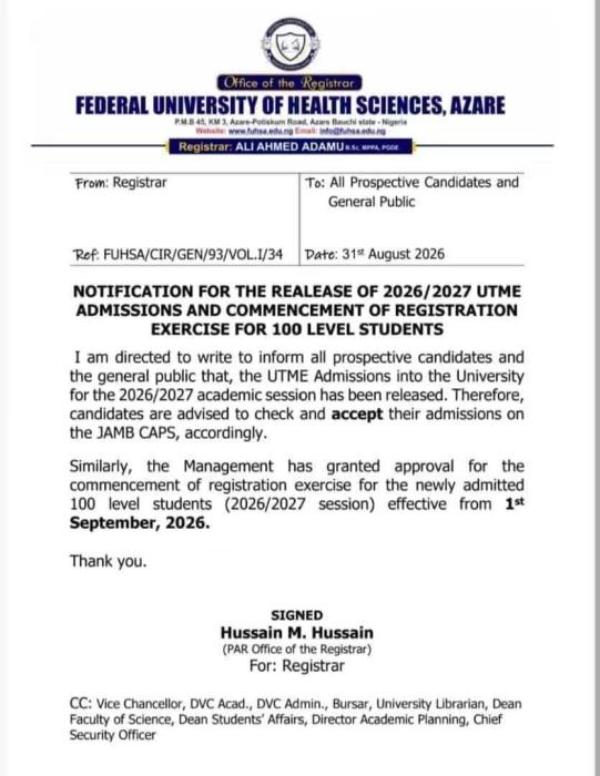 FUHSA admission list for 2026/2027 session
