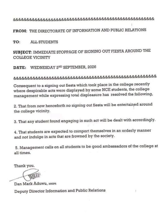 Kaduna College of Education Bans Sign-Out Celebration on campus