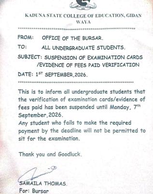 Kaduna State College of Education Suspends Exam Card Verification
