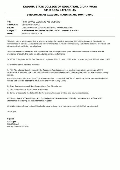 Kaduna State College of Education Announces Mandatory Resumption and 75% Attendance Requirement