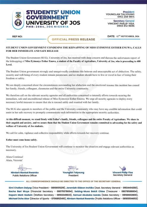UNIJOS SUG calls for immediate release kidnapped student